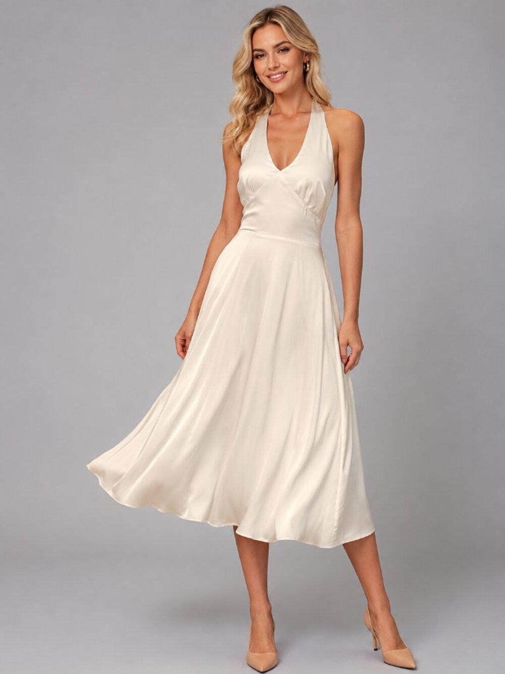 Women's Satin Halter Midi Dress Backless A-Line Flowy Wedding Guest Elegant